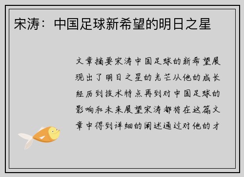 宋涛：中国足球新希望的明日之星